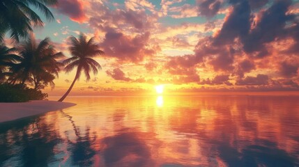 Tropical Sunset Paradise: Palm Trees, Ocean, and Golden Hues