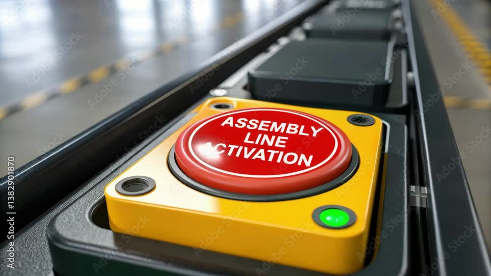 Poster hand in glove poised to push large red button for assembly line activation, ensuring smooth manufact