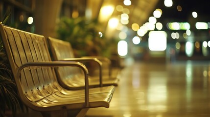 Empty Waiting Area with Chairs and Glowing Lights in Airport Terminal
