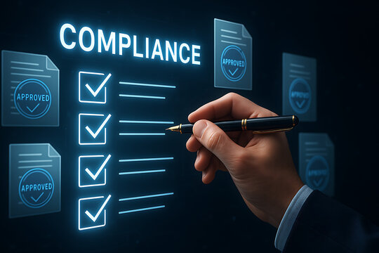 closeup of business hand using pen to mark digital compliance checklist with approval documents on holographic interface representing corporate policy validation and regulatory review process