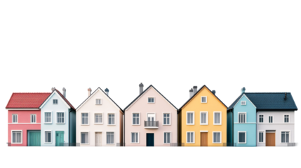 Colorful houses illustration row on a black background, cut out transparent