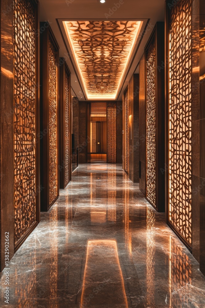 Poster elegant corridor with marble floor and ornate ceiling creating a warm and inviting atmosphere with s