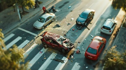 Multiple damaged cars stand idle on a crossroad after a serious traffic accident, with police officers examining the scene