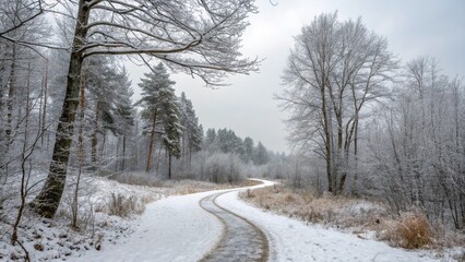 Fototapeta premium The path through a winter forest, generative Ai