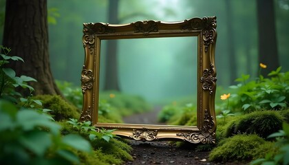 A beautiful landscape of a forest. In the center of the image, there is an ornate gold frame with intricate details and patterns. The frame is surrounded by lush greenery, including trees, bushes, an