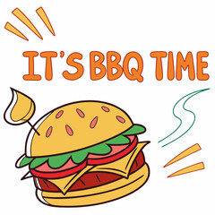 Cartoon Illustration Its Bbq Time With Burger And Grill Elements Vector Art