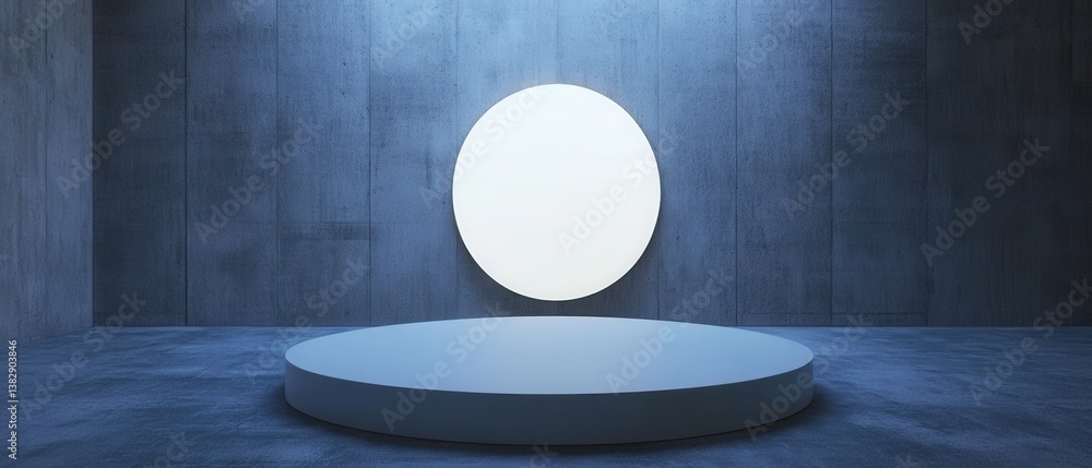 Poster minimalist concrete room with round platform and circle light for product display or presentation