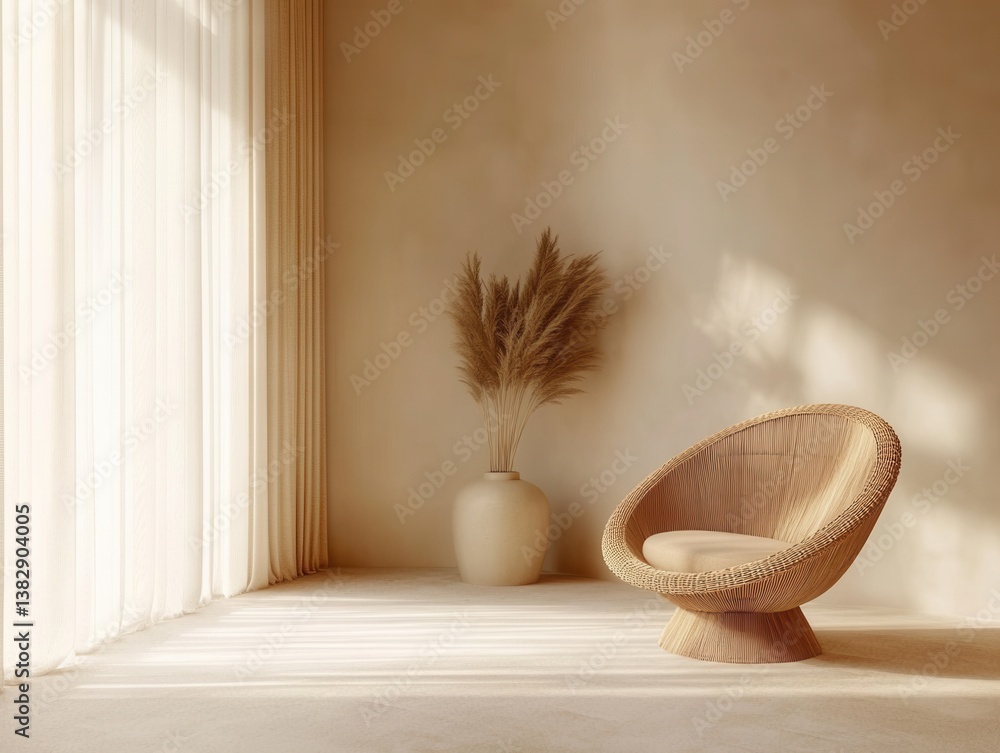 Poster Serene interior with wicker chair pampas grass and soft sunlight casting shadows in a minimalist room creating a calming and inviting atmosphere