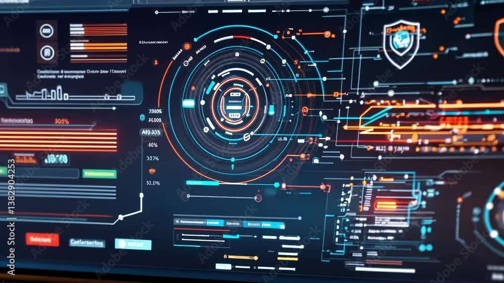 Poster cybersecurity system is actively protecting sensitive data displayed on multiple computer screens, s