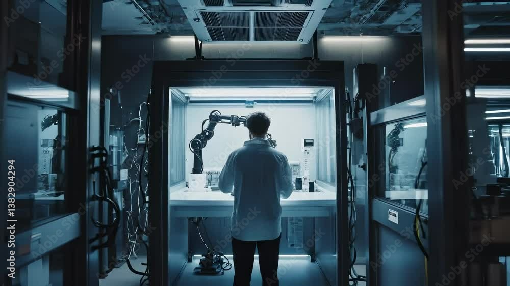 Poster a researcher in a lab coat observes a robotic arm performing precise tasks in a high-tech laboratory