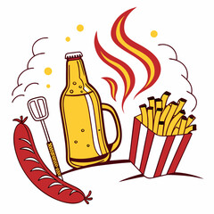 Summer Picnic Barbecue With Beer Sausage Fries And Smoke Illustration Vector
