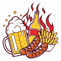 Beer Bottle Mug Sausages And French Fries With Flame Illustration
