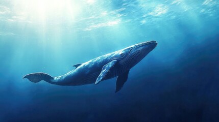 Naklejka premium Blue Whale Swimming Gracefully Underwater with Sun Rays and Light