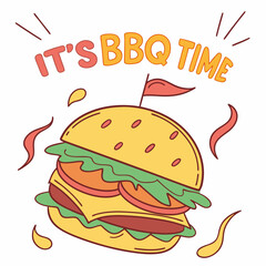 Colorful Cartoon Burger Illustration Announcing Its Barbecue Time With Food Elements