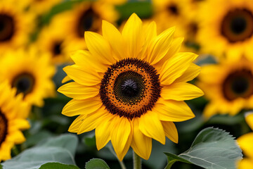 Fototapeta premium Sunflower field in full bloom showcasing vibrant yellow flowers under bright sunlight