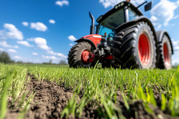 Obraz premium Close-up view of a tractor efficiently plowing a lush green field under a clear blue sky