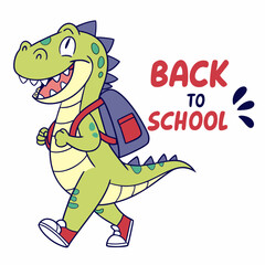 Cartoon Dinosaur With Backpack Goes Back To School Illustration For Education