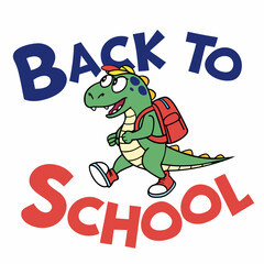 Cartoon Dinosaur Walking To School With Backpack Wearing Cap And Sneakers