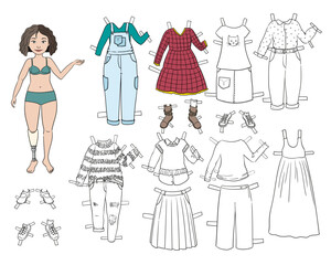 A vector paper doll with a prosthesis on the right leg, a printable coloring page