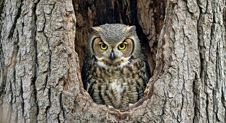 A Great Horned Owl Nesting in a Hollow Tree