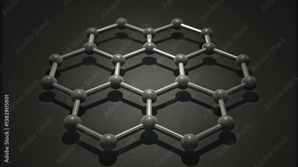Poster material science nanomaterials concept. 3d molecular structure displayed on a dark background.