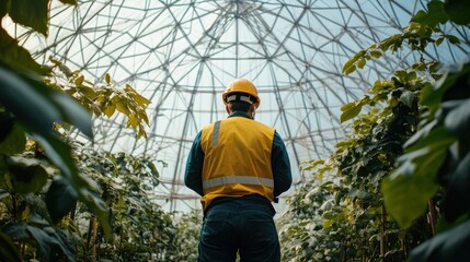 Worker Inspecting Plants in Greenhouse with Dome Structure Sunlight