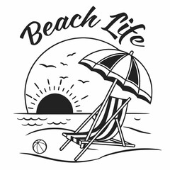 Black And White Beach Life Illustration With Sunset Umbrella And Chair