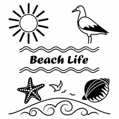 Beach Life Black And White Illustration With Sun Sea Starfish Seagull And Shell