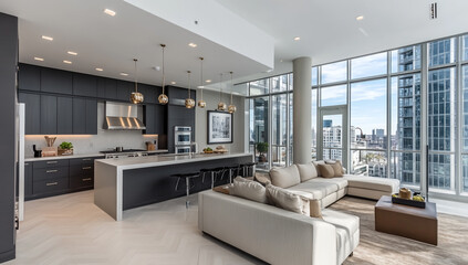 Obraz premium Modern apartment with kitchen and living room, a neutral color scheme