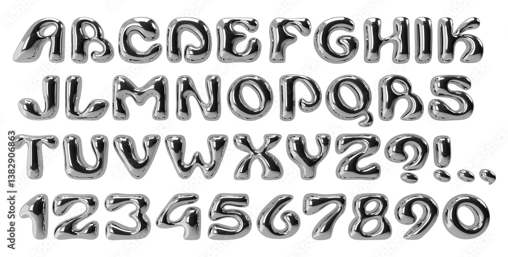 Fototapete chrome display font. typeface with bubble balloon effect. y2k playful alphabet. silver wavy groovy l