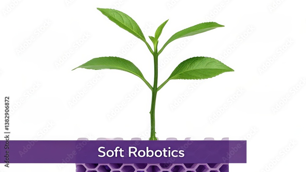 Poster material science nanomaterials concept. growing plant integrated with soft robotics technology.