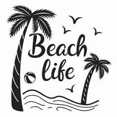 Beach Life Vector Illustration With Palms Waves And Seagulls Design