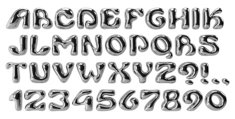 Chrome display font. Typeface with bubble balloon effect. Y2K playful alphabet. Silver wavy groovy letters. Bold metal typescript. Rounded font with reflections