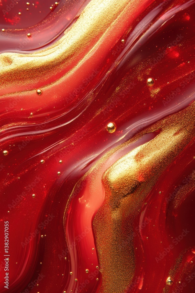 Poster abstract shimmering texture of red and gold liquid with golden bubbles for luxurious background and 
