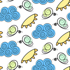Obraz premium Stylized Butterflies Sun Clouds Seamless Pattern Freehand Summer Abstract Background Texture concept