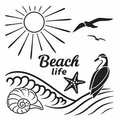Beach Life Illustration With Sun Seagulls Seashell Starfish And Bird Black And White