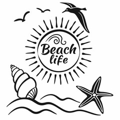 Black And White Beach Life Vector Illustration With Sea Elements Sun And Birds