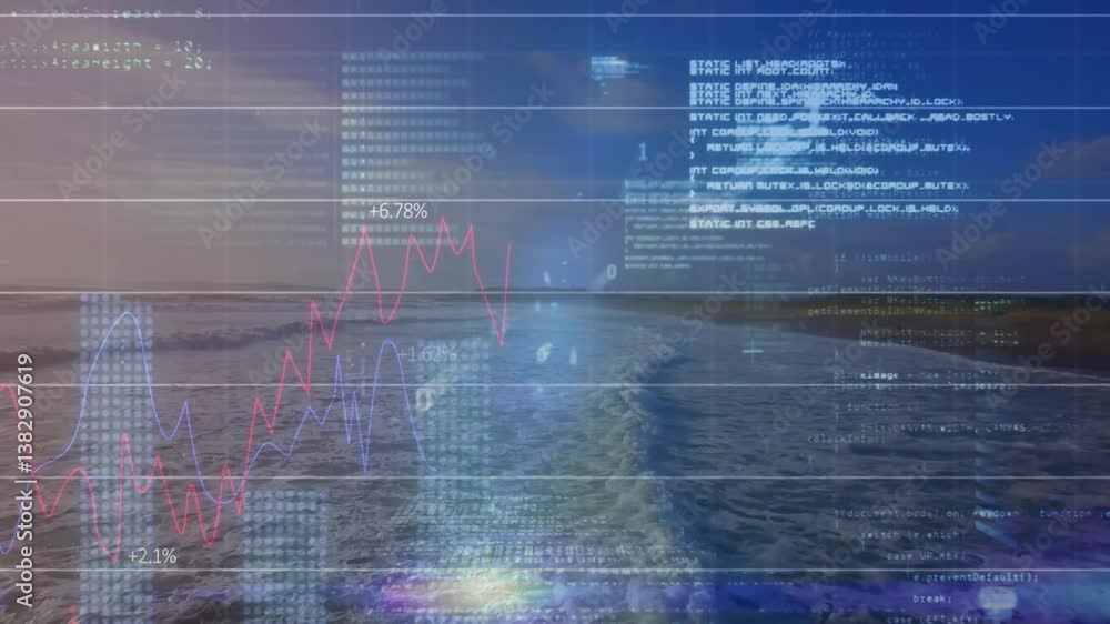 Poster financial data and coding animation over ocean landscape at sunset