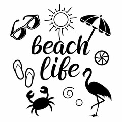 Black And White Beach Life Illustration Featuring Summer Vacation Elements