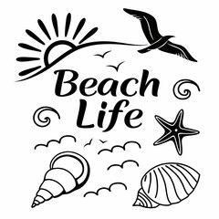 Beach Life Vector Illustration Featuring Sun Sea Shells And Seagulls