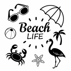 Black And White Beach Life Icon Set With Summer Objects Illustration