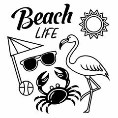 Black And White Beach Life Illustration With Flamingo Crab And Summer Elements