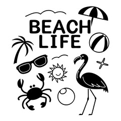 Beach Life Icons Vector Illustration Black Silhouette Of Summer Vacation Elements
