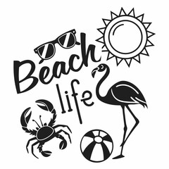 Black And White Beach Life Elements With Crab,Flamingo,Sun And Ball