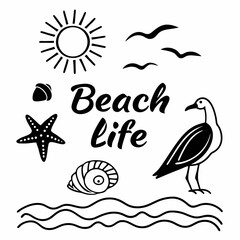 Graphic Beach Elements Collection With Starfish,Seagull,Sun And Waves