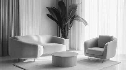 Modern living room interior design, neutral color scheme, stylish furniture, elegant ambiance, perfect for catalogs or magazines