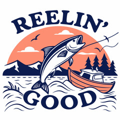 Reelin Good Fishing Adventure With A Boat And Beautiful Scenery Illustration