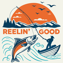 Fishing Adventure Graphic Illustration Of A Boat Catching Fish In Retro Style