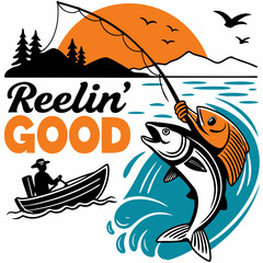 Fisherman In Boat Catching Fish Reelin Good Outdoor Adventure Illustration