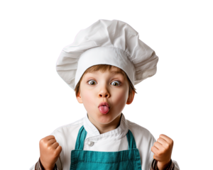 young boy dressed as chef, wearing large white chef hat and teal apron, is playfully sticking out his tongue while making funny face. His expression conveys excitement and joy, embodying spirit